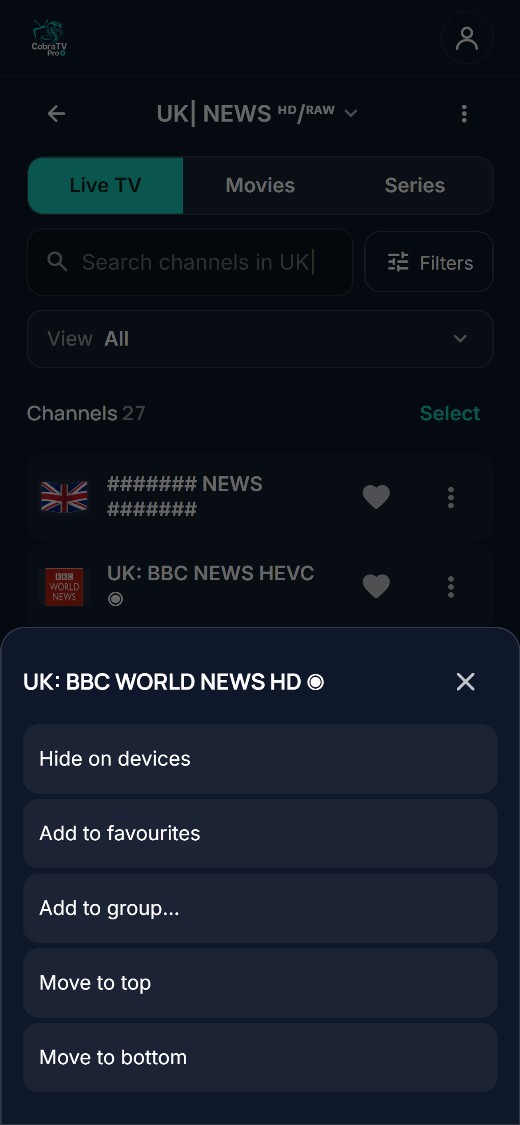 A channel's menu: Hide on devices, Add to favourites, Add to group, Move to top, Move to bottom