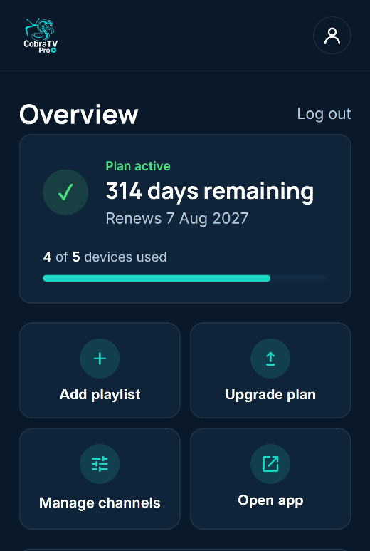 Account overview with the Manage channels tile